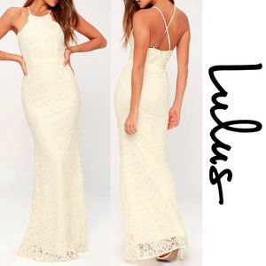 Lulus Zenith Maxi Dress Cocktail Lace Bridal Scalloped Bride Cream Small New